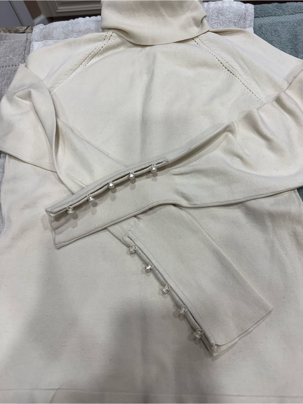Cream Turtleneck Sweater with Pearl Button Cuffs (CL-5)